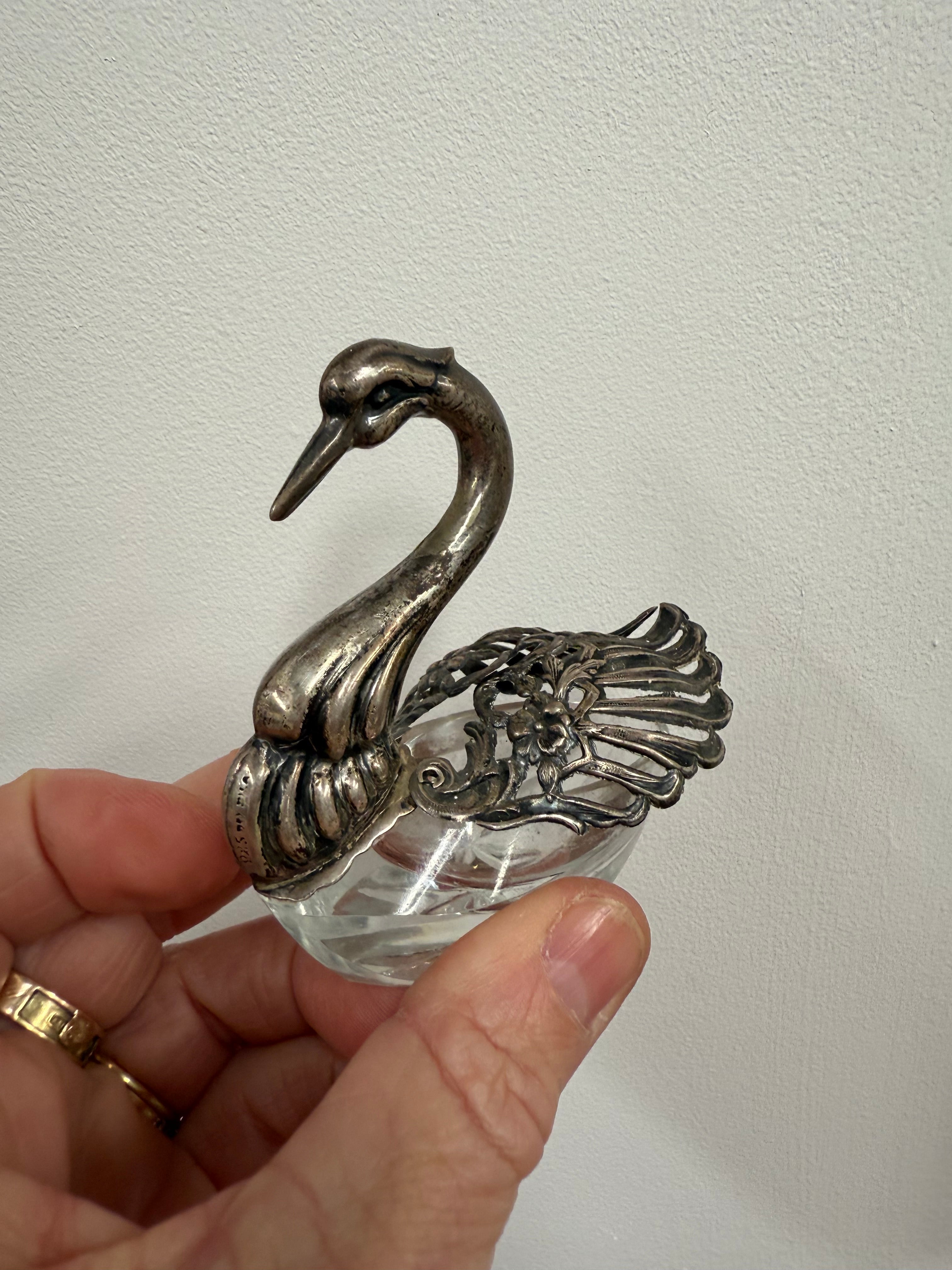 Antique Sterling Silver (925) Crystal Swan Salt Cellar