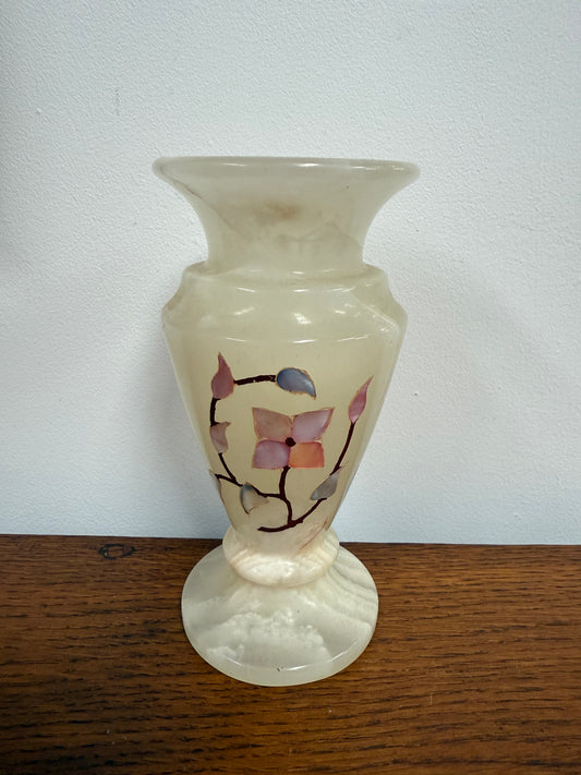 Vintage Inlaid White Alabaster Vase