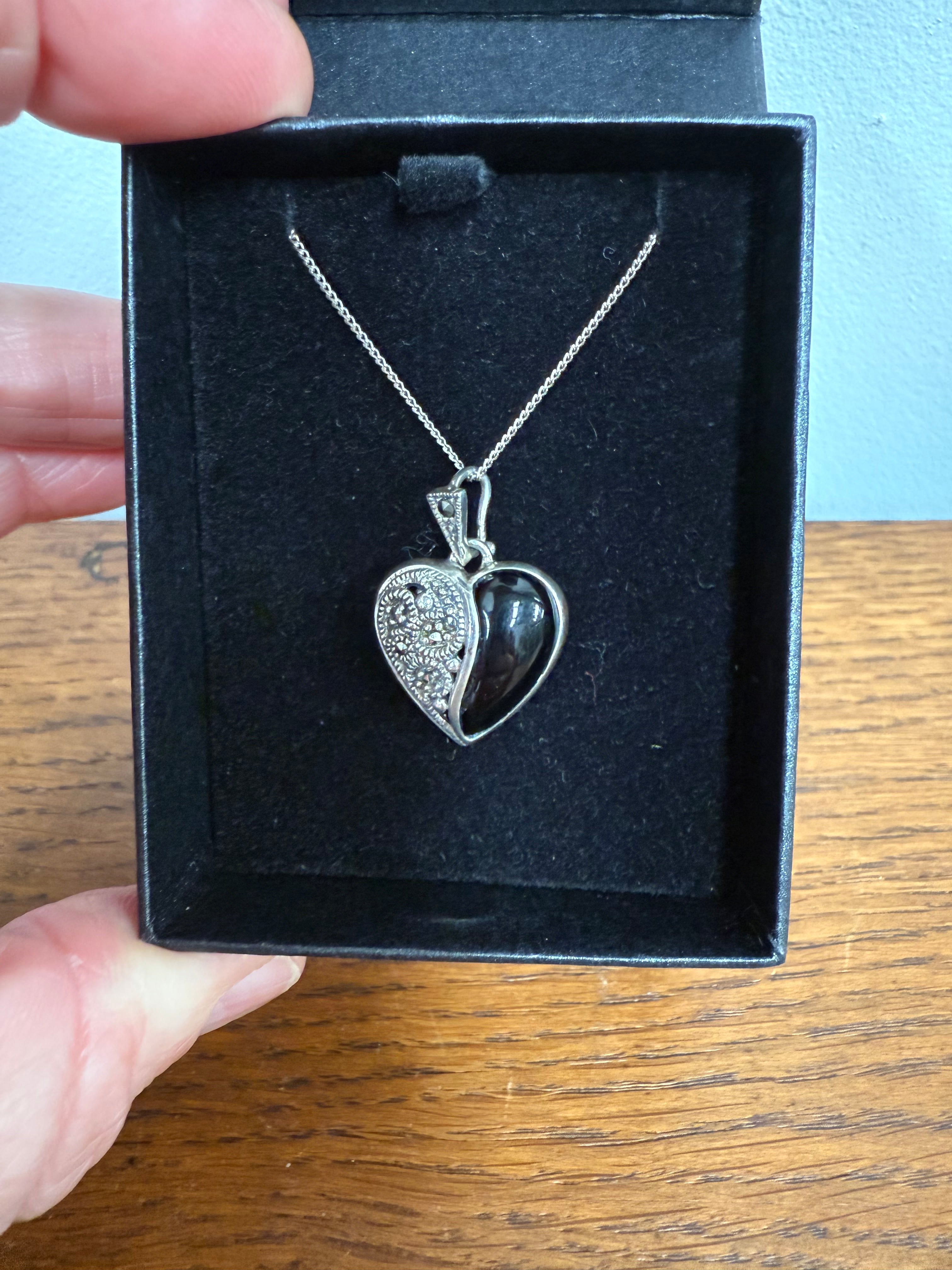 Sterling Silver Marcasite Onyx Pedant & Chain | Antique & Vintage | Moonee Ponds Antiques | Australia Wide Delivery