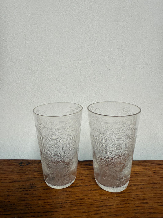 Pair Acid Etched Antique Drinking Glasses