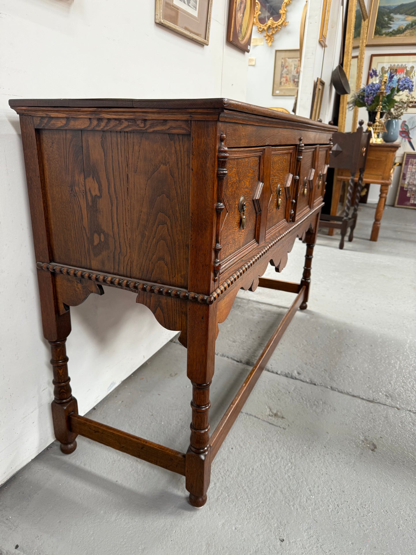 Tudor Style English Figured Oak Sideboard