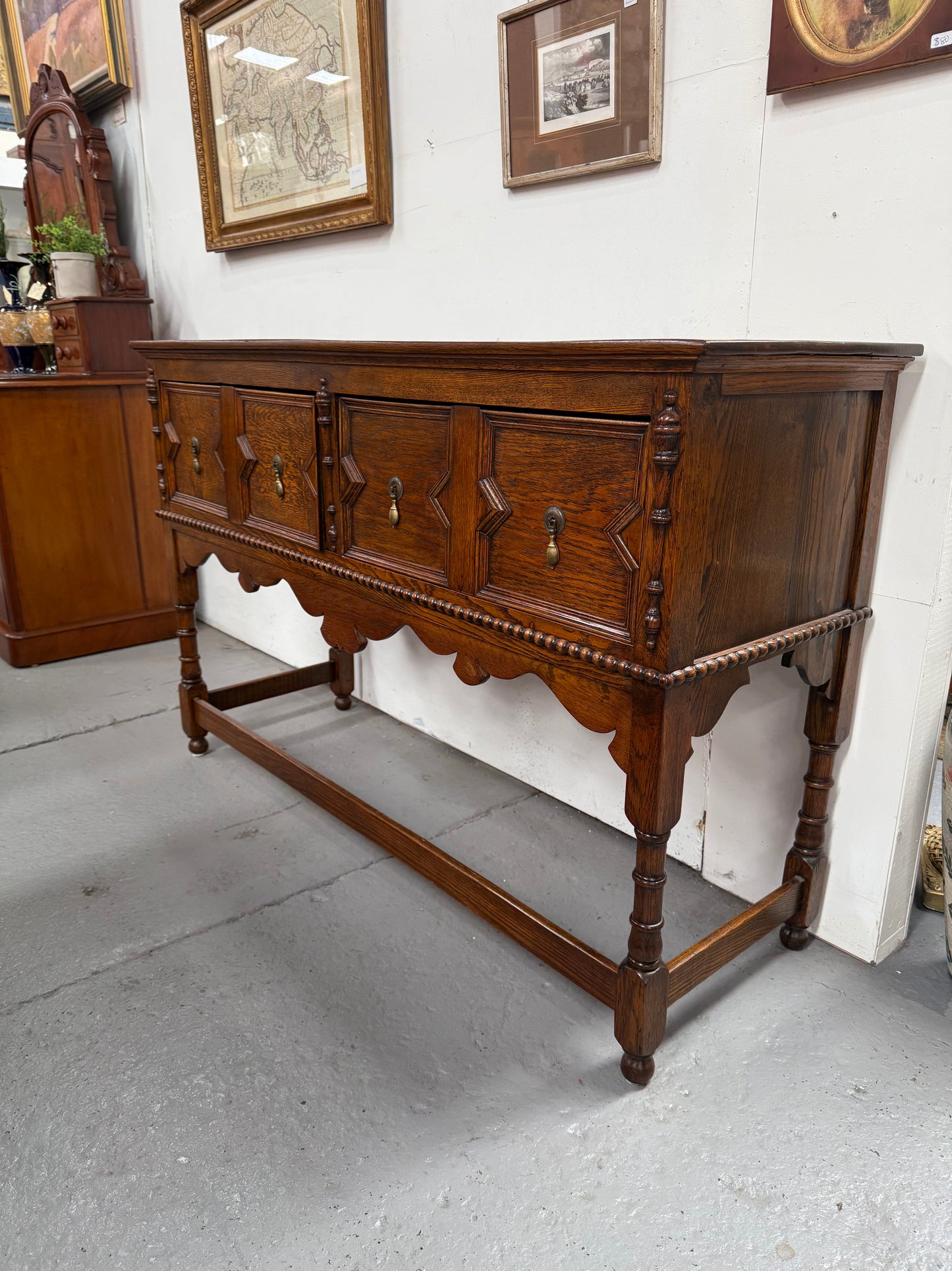 Tudor Style English Figured Oak Sideboard