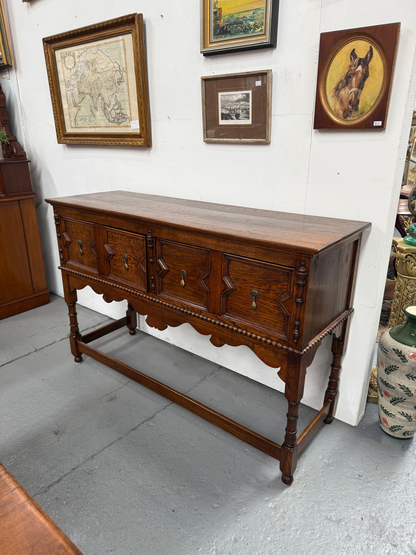 Tudor Style English Figured Oak Sideboard