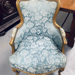 Louis XV Gilt & Blue Upholstered Bergere With Footstool