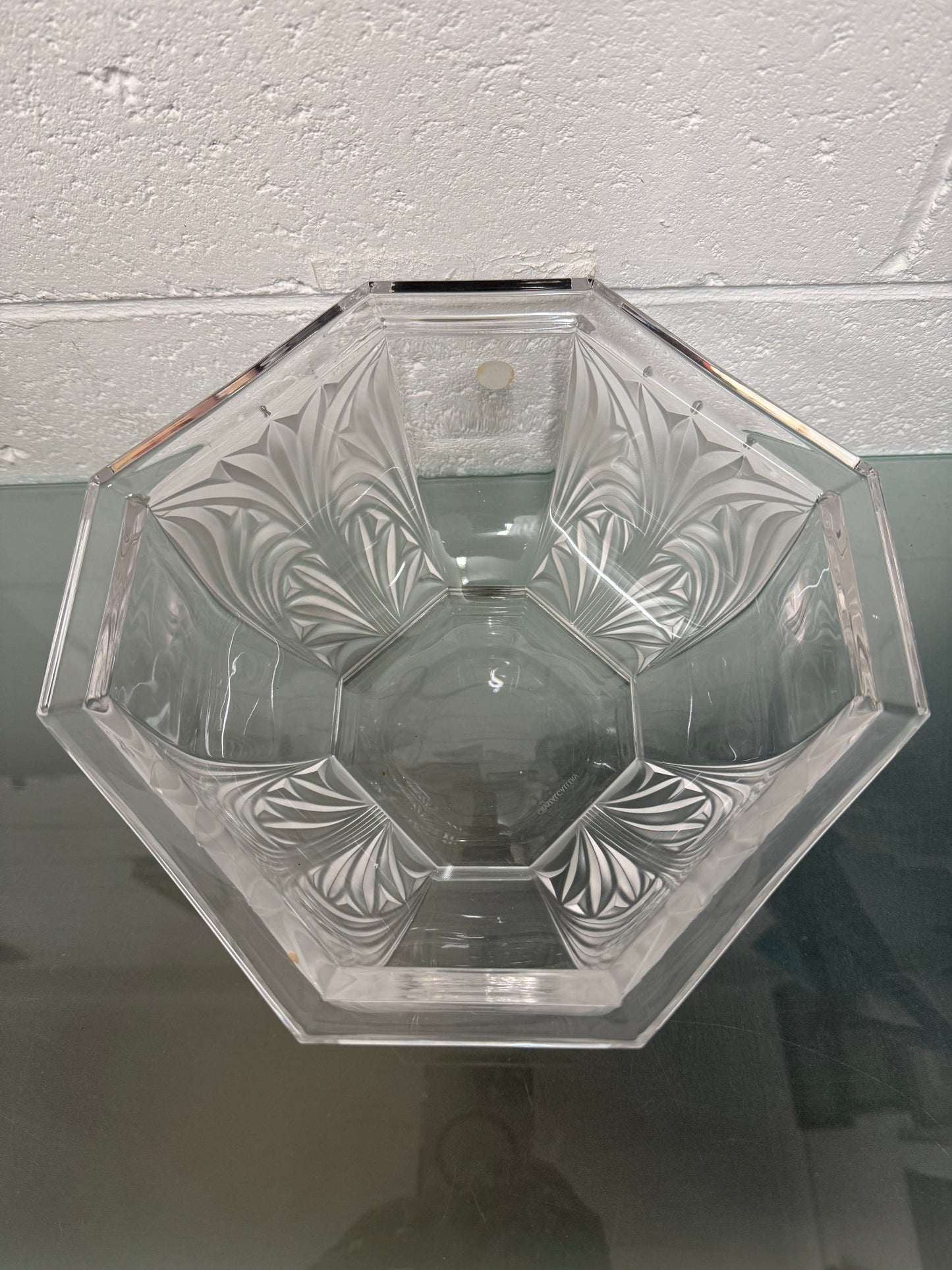 Large Vintage German Crystal Bowl with Etched Panels