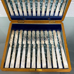 Stunning Antique Mother of Pearl and Silver-plated Fruit Set in Original Box