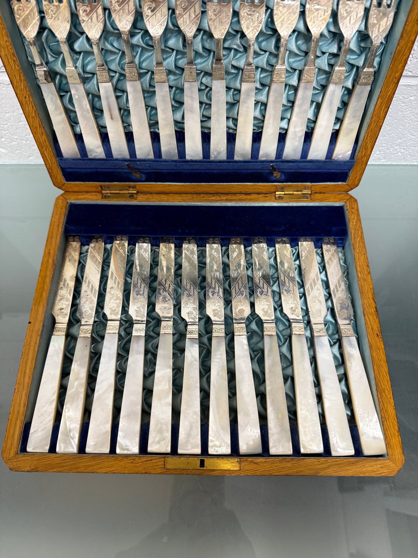 Stunning Antique Mother of Pearl and Silver-plated Fruit Set in Original Box