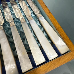 Stunning Antique Mother of Pearl and Silver-plated Fruit Set in Original Box