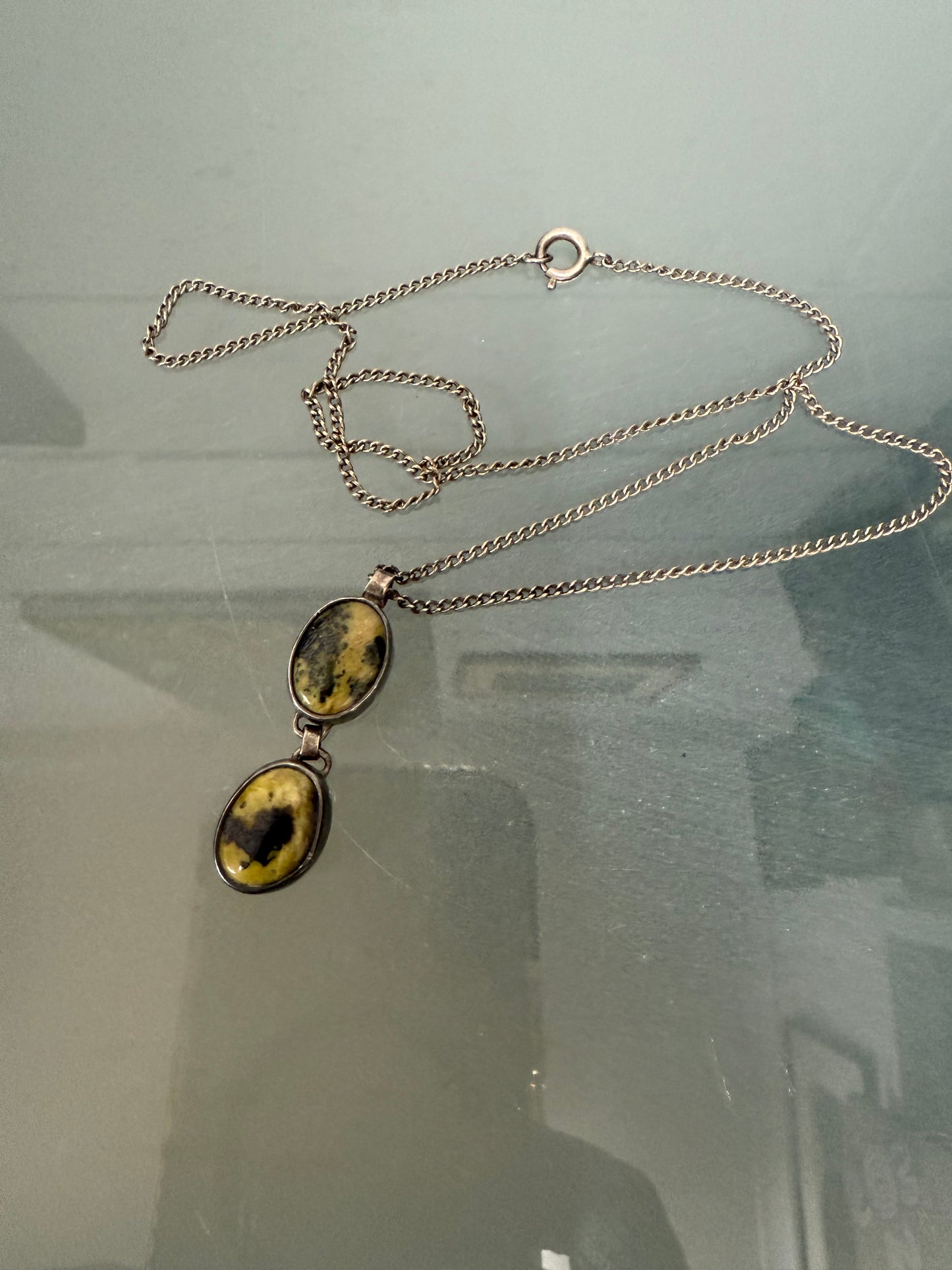 Vintage Moss Agate & Silver Pendant With Chain.
