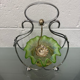 Edwardian Vaseline Glass Sweetmeat Bowl In Silverplate Stand