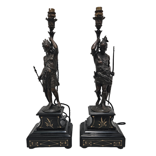 Pair 19th Century Marble Bronze Metal Lamps of Natives