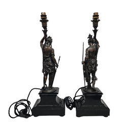 Pair 19th Century Marble Bronze Metal Lamps of Natives