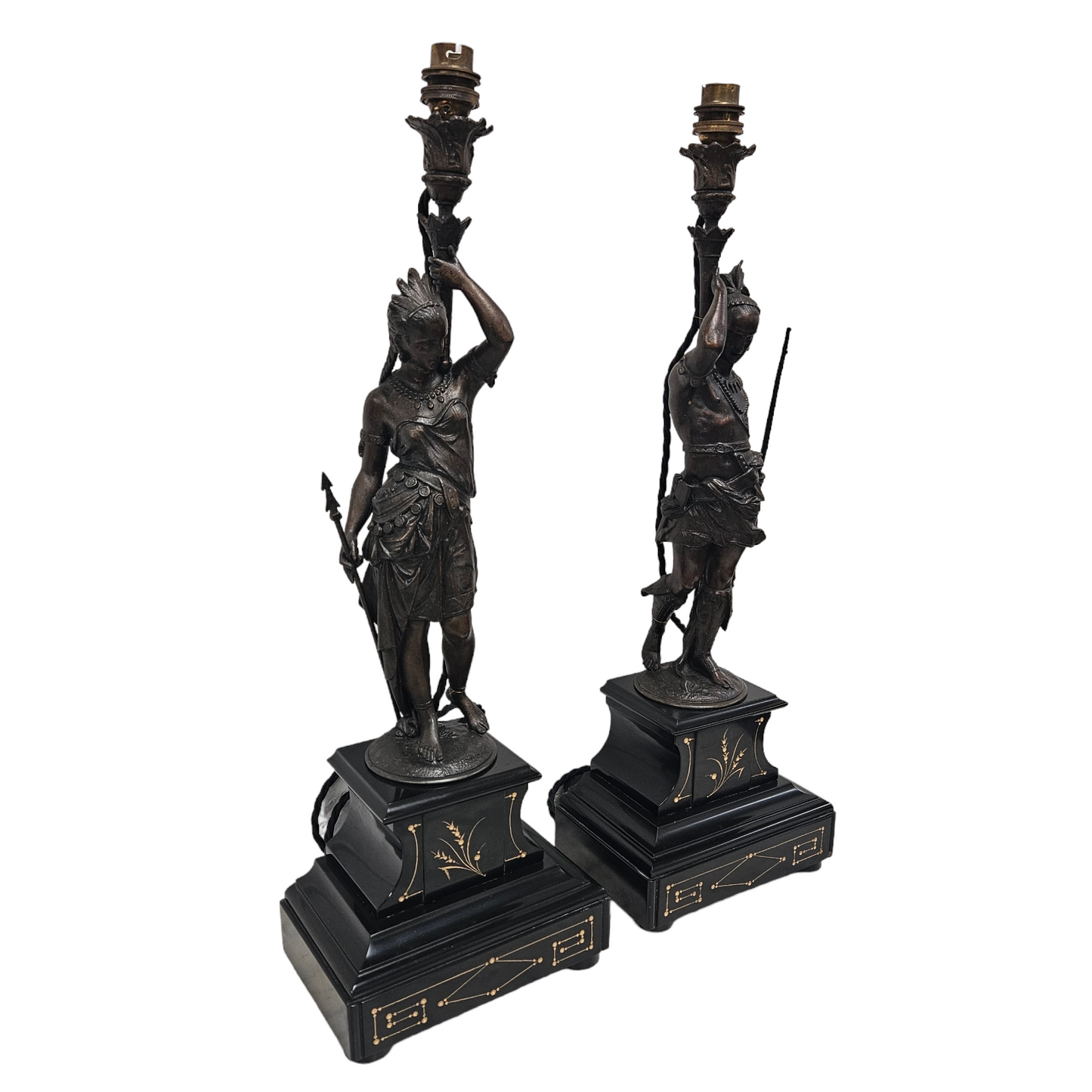 Pair 19th Century Marble Bronze Metal Lamps of Natives