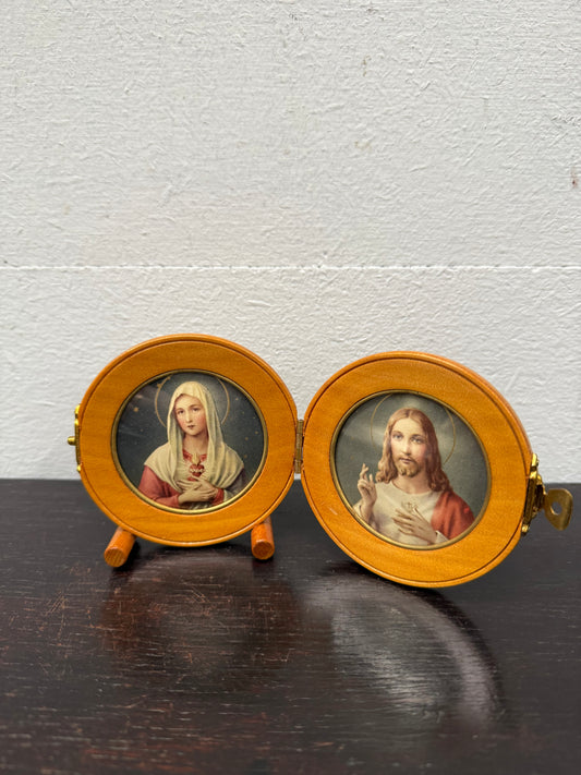 Vintage Portable Mary & Jesus Images In Wooden Frame