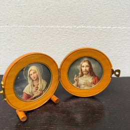 Vintage Portable Mary & Jesus Images In Wooden Frame
