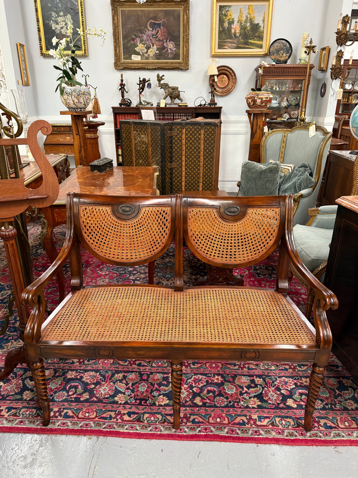 Regency Style Cane and Mahogany Settee