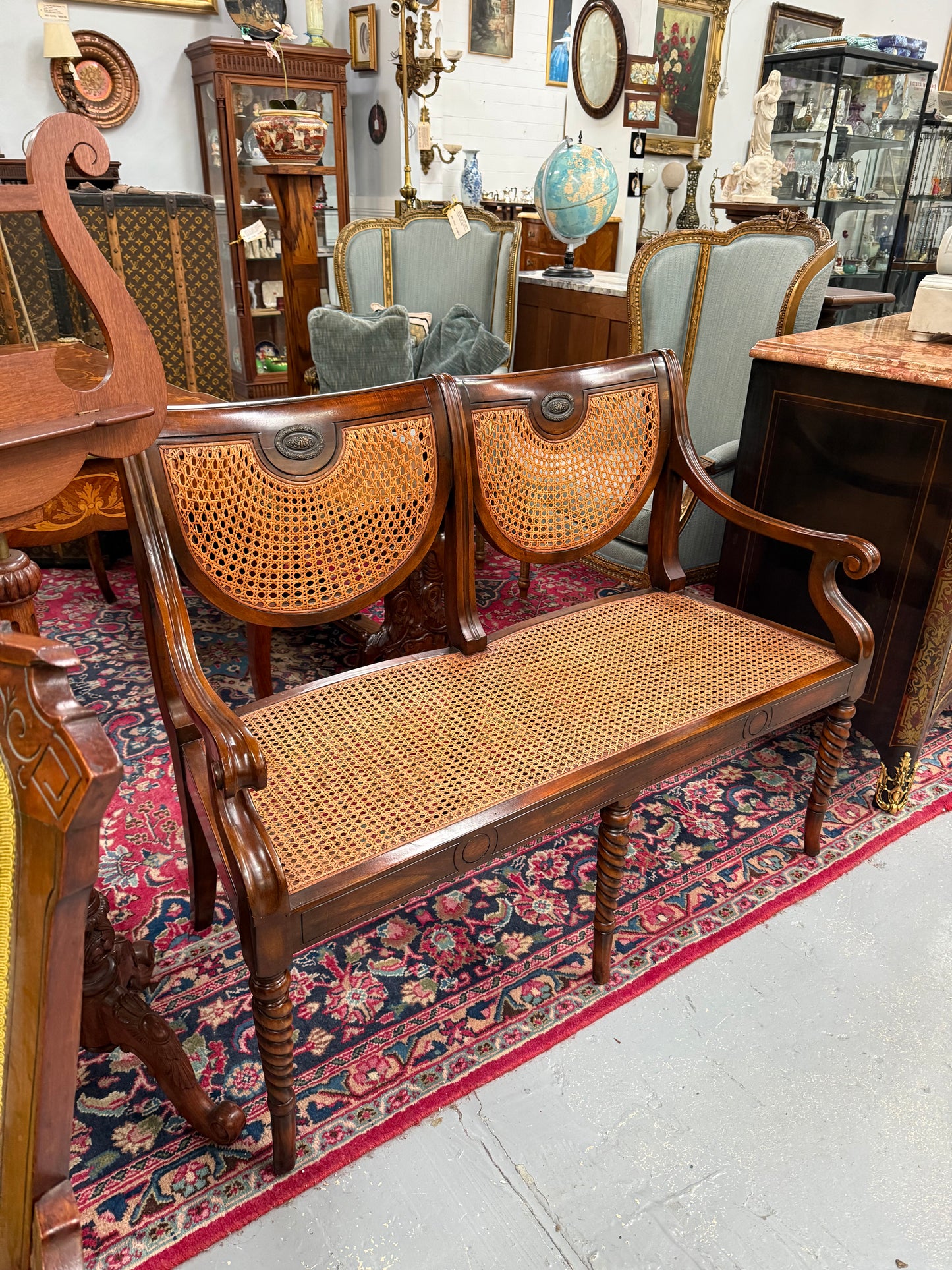 Regency Style Cane and Mahogany Settee