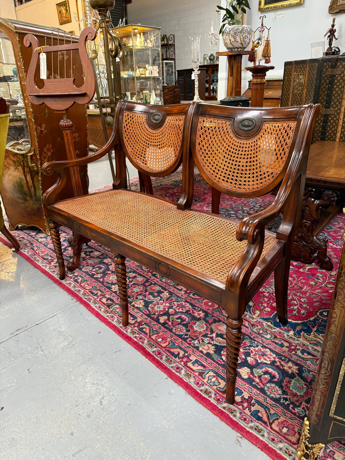 Regency Style Cane and Mahogany Settee