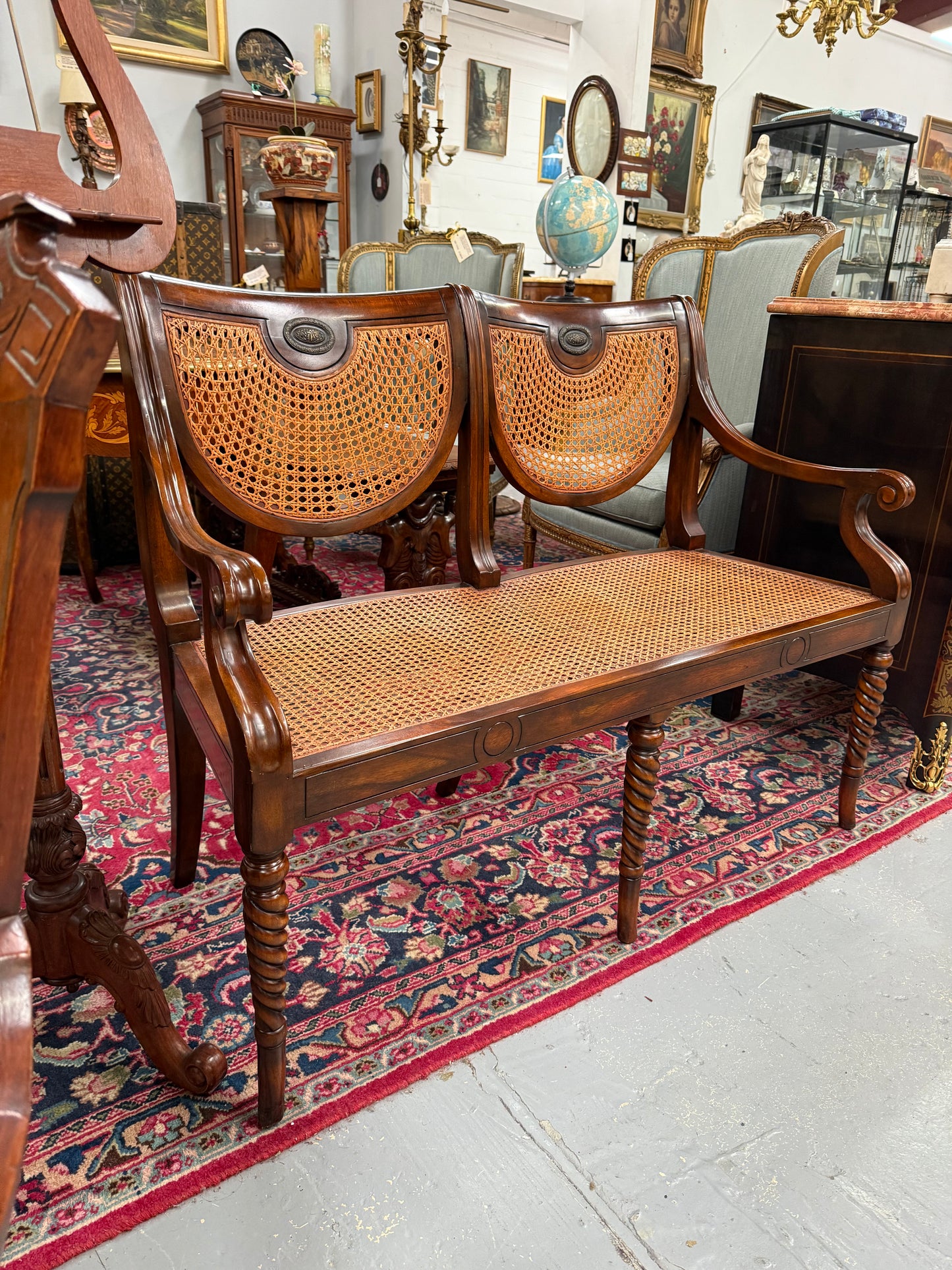 Regency Style Cane and Mahogany Settee