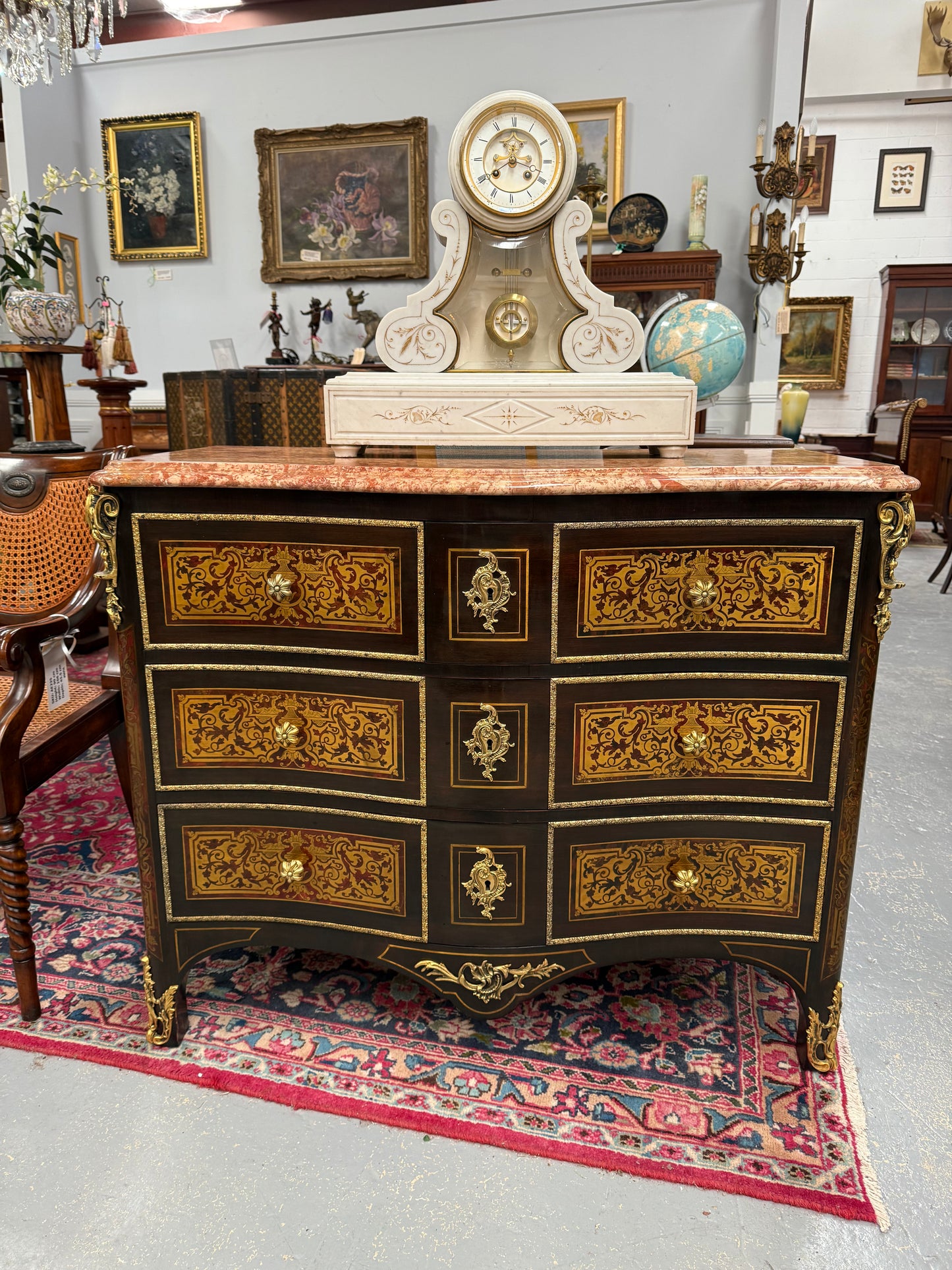 Louis XVI Style Boulle Marble Top Commode in Ebony