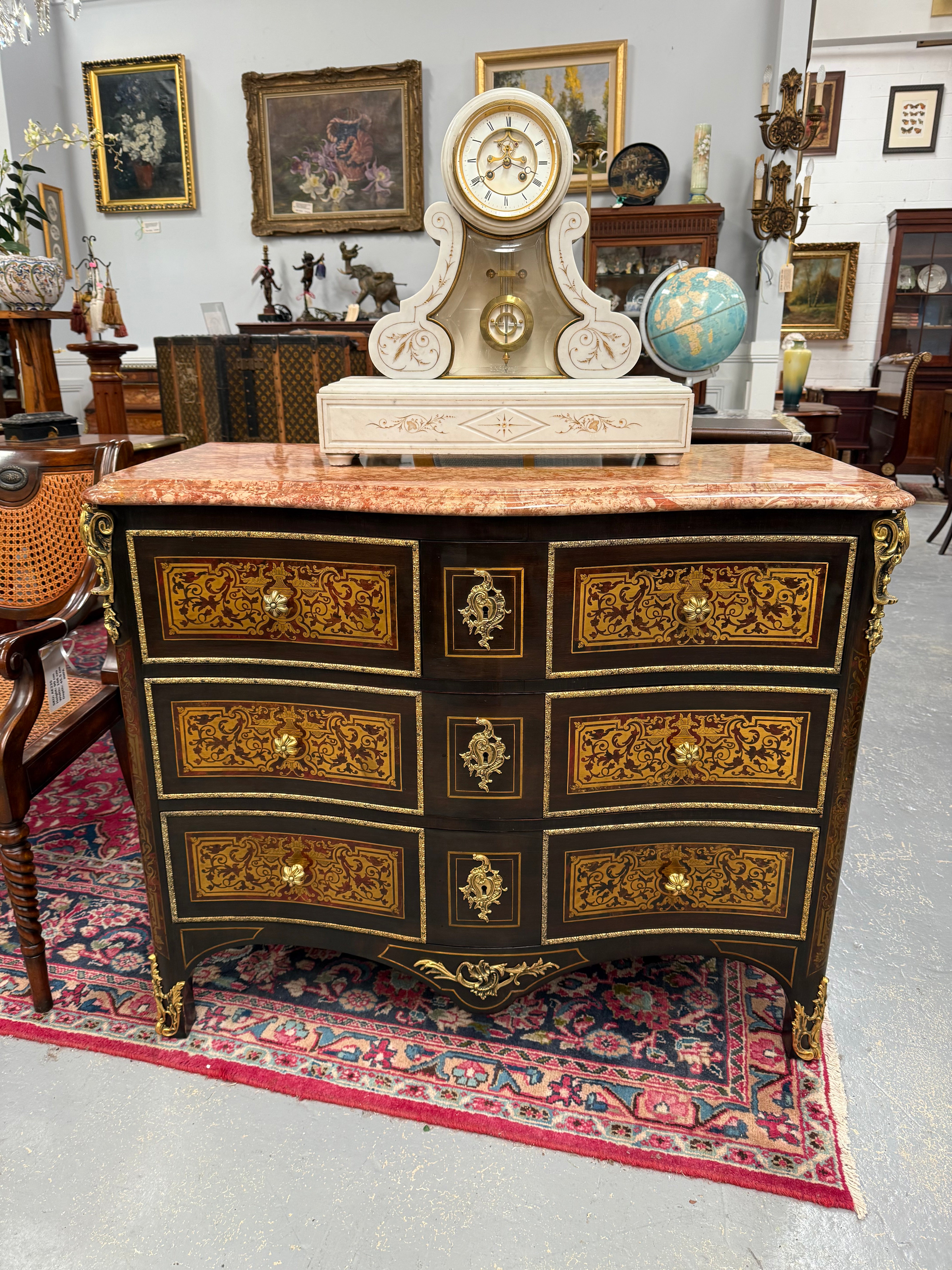 Louis XVI Style Boulle Marble Top Commode in Ebony | Antique & Vintage | Moonee Ponds Antiques | Australia Wide Delivery