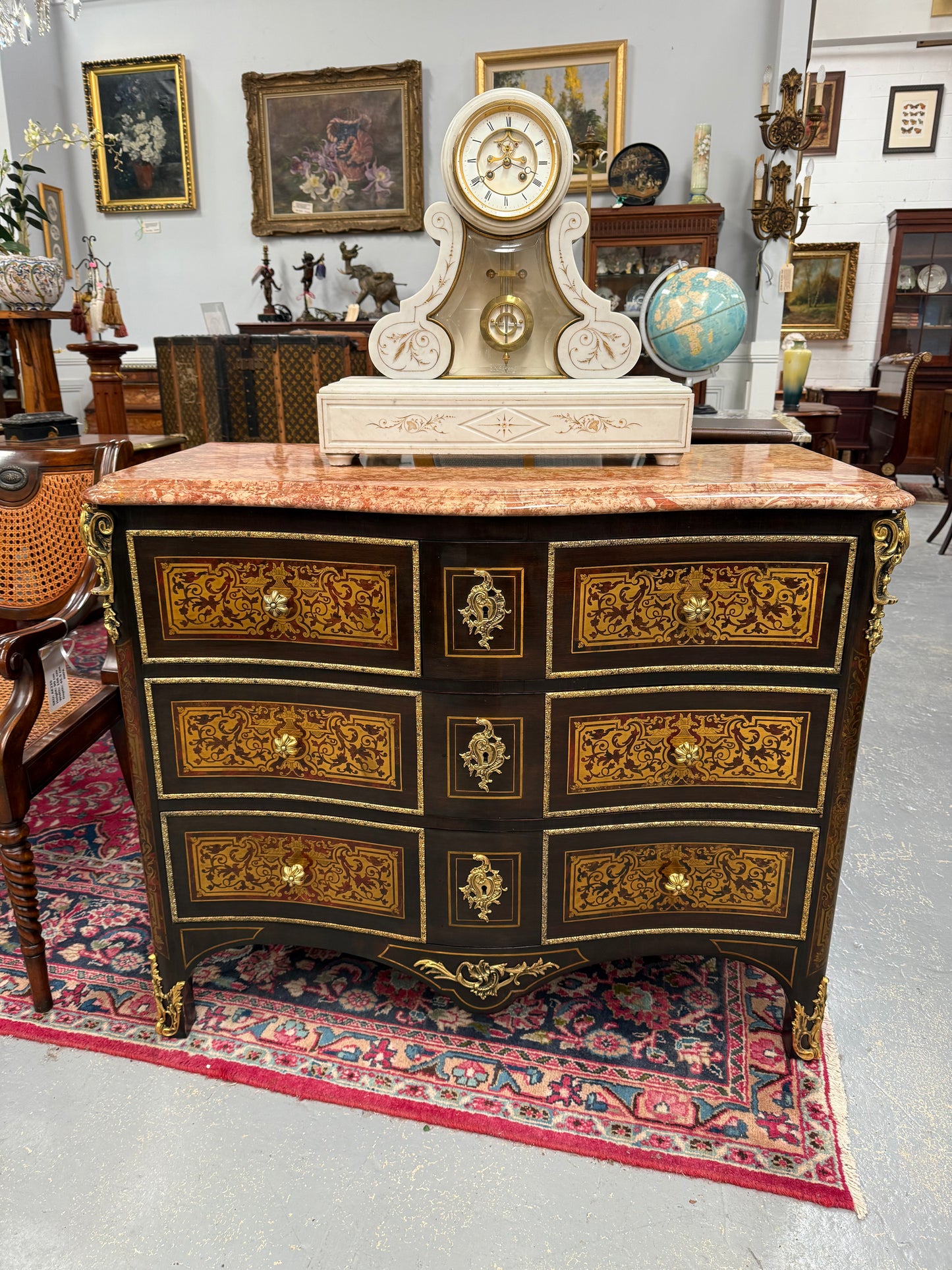 Louis XVI Style Boulle Marble Top Commode in Ebony