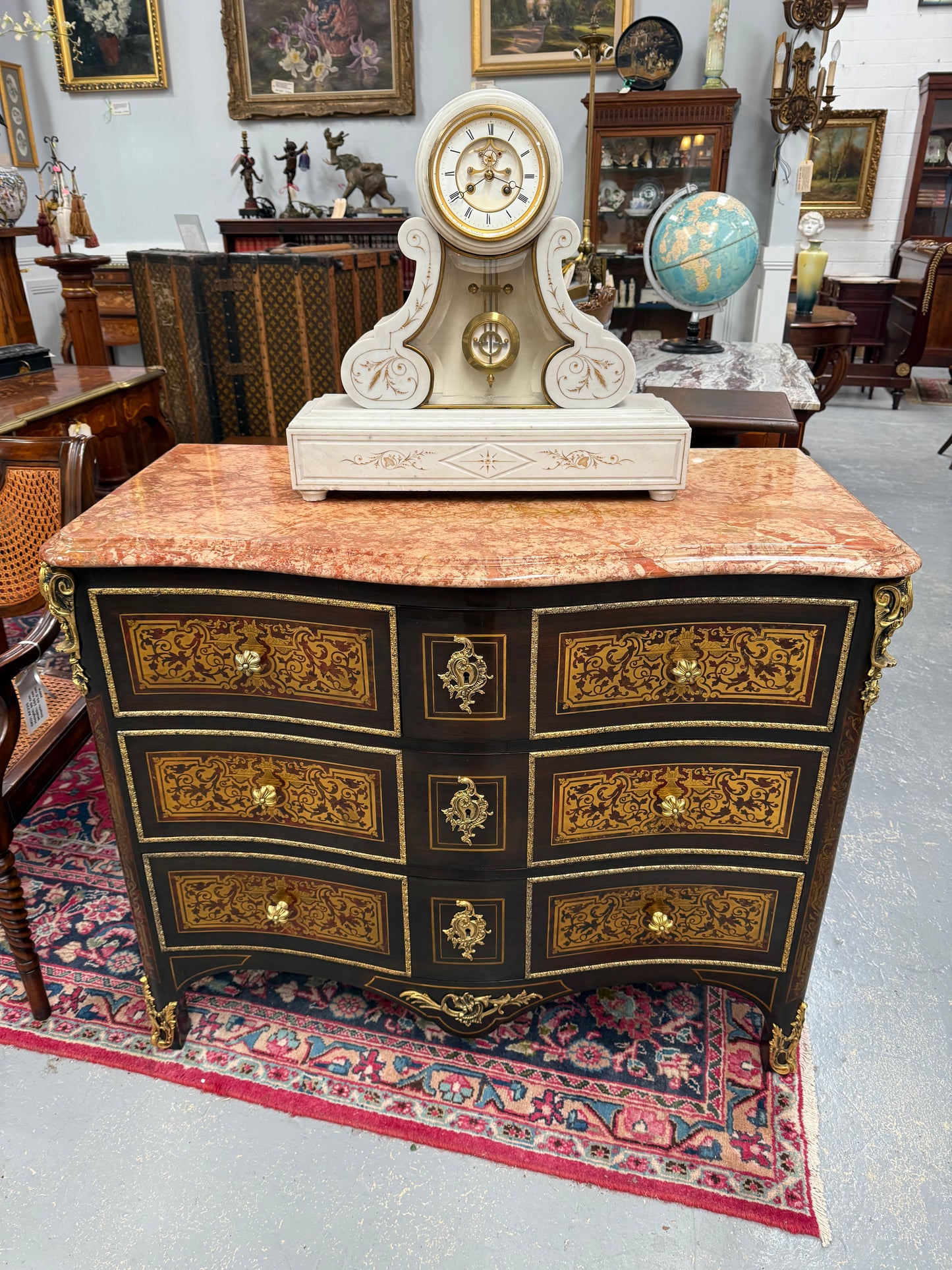 Louis XVI Style Boulle Marble Top Commode in Ebony