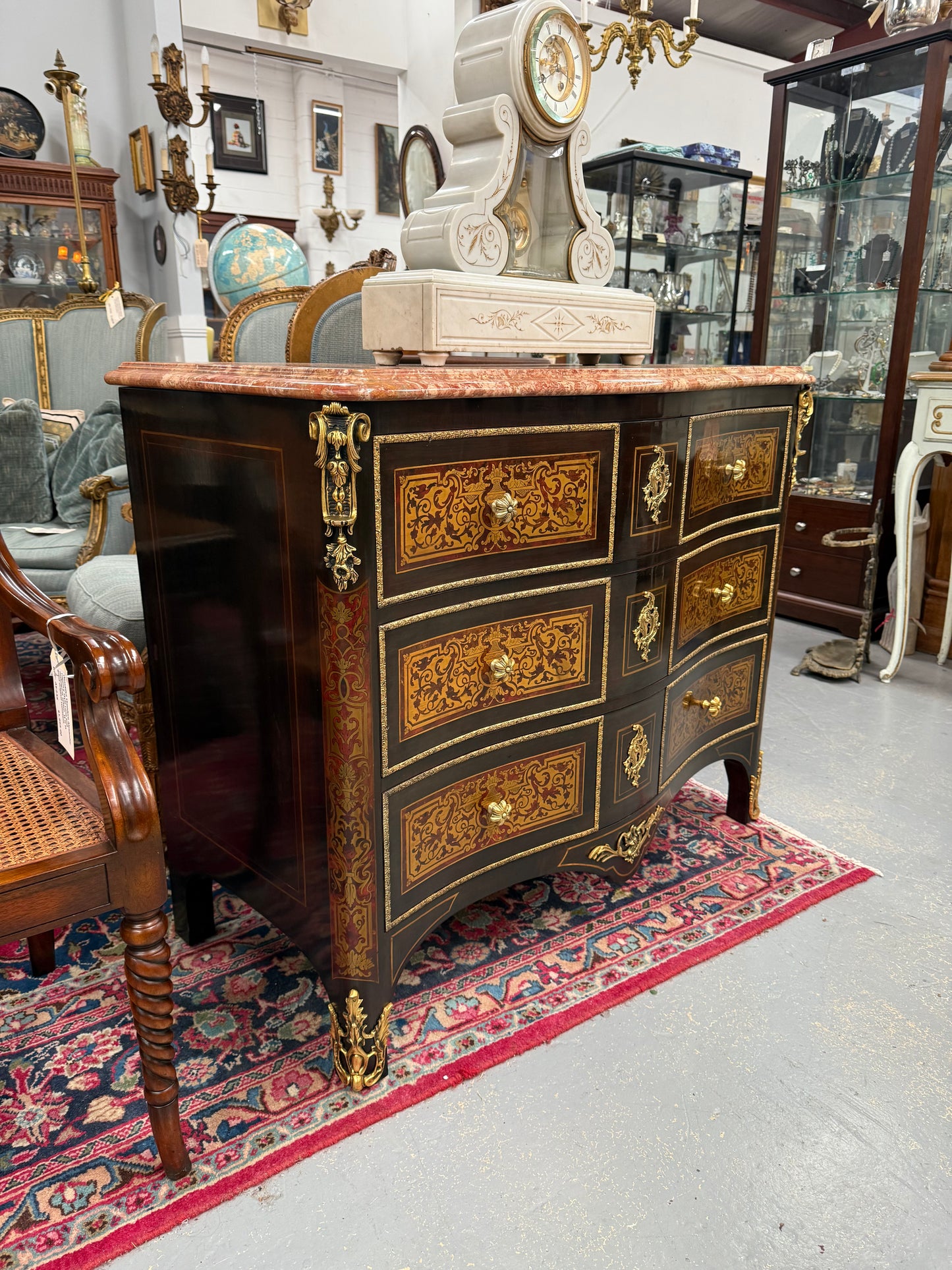 Louis XVI Style Boulle Marble Top Commode in Ebony