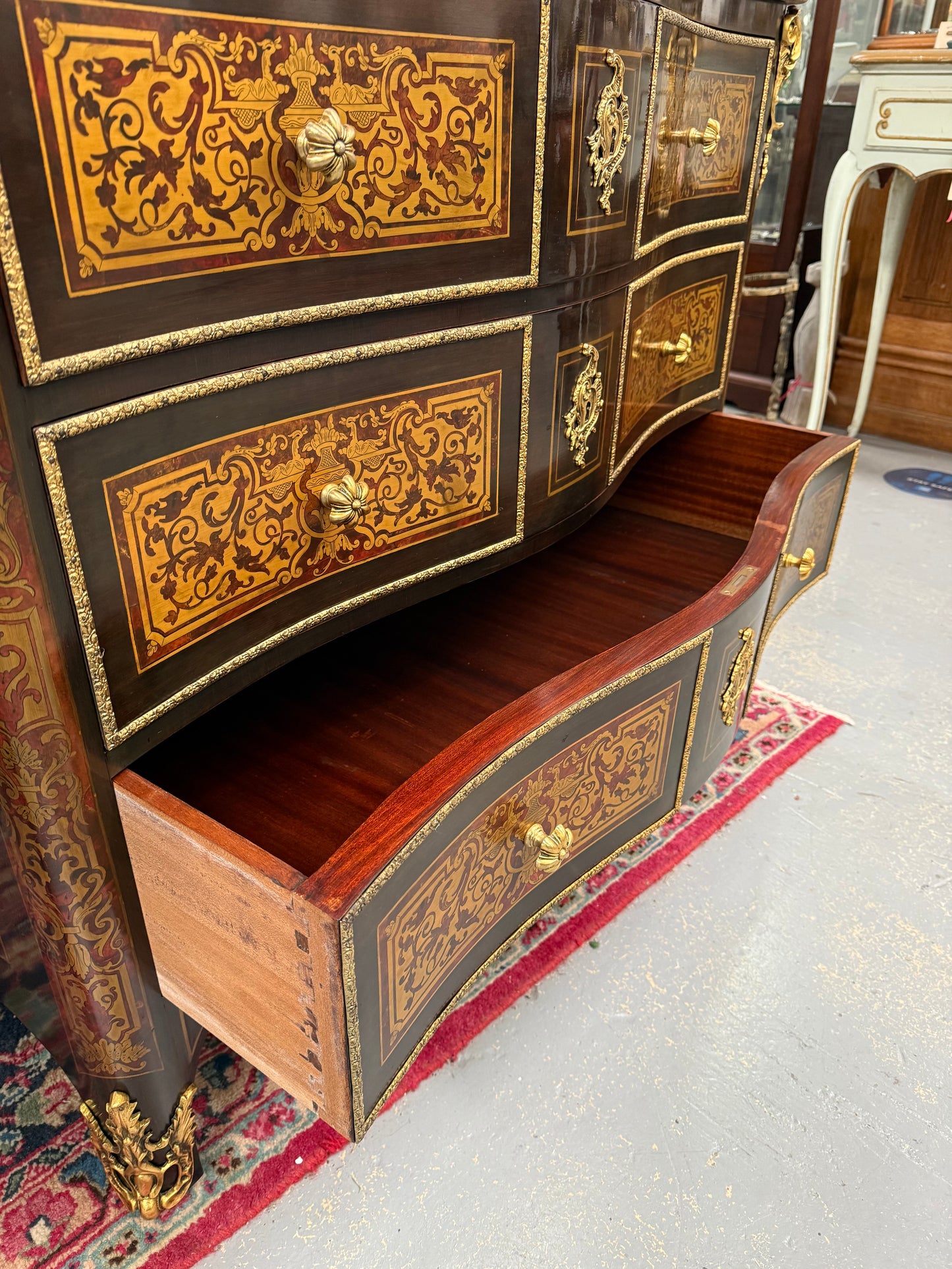 Louis XVI Style Boulle Marble Top Commode in Ebony