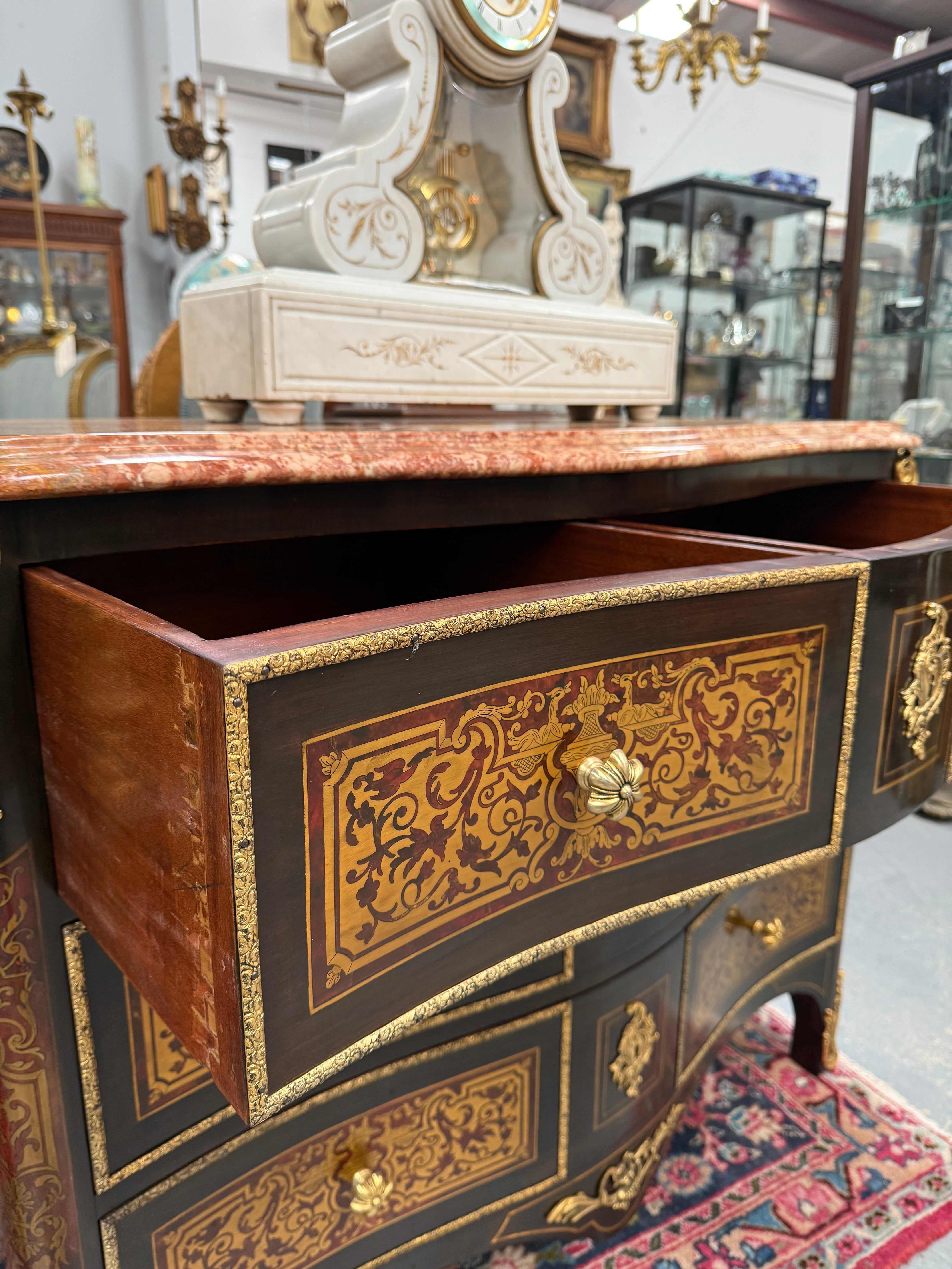 Louis XVI Style Boulle Marble Top Commode in Ebony | Antique & Vintage | Moonee Ponds Antiques | Australia Wide Delivery