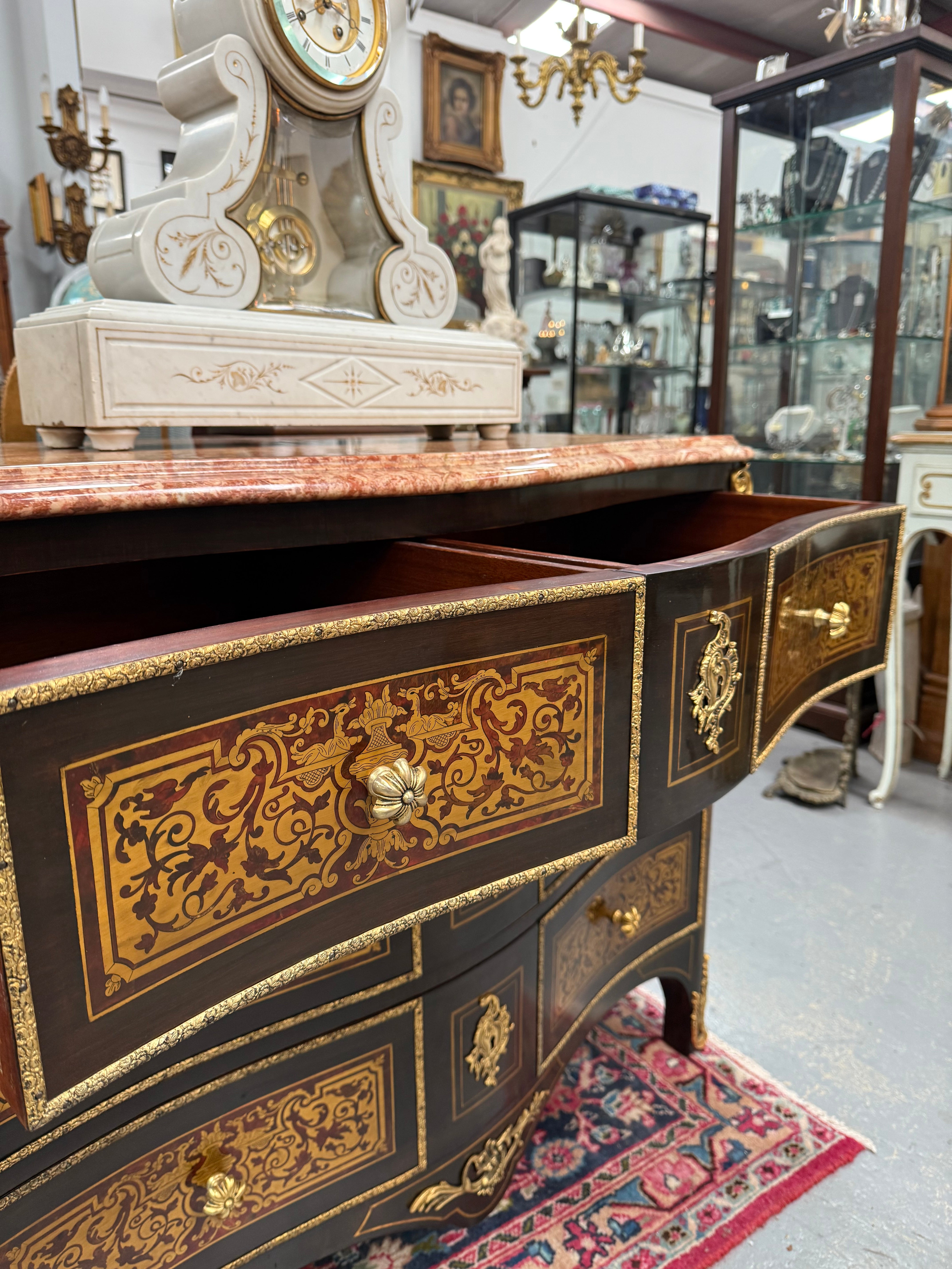 Louis XVI Style Boulle Marble Top Commode in Ebony | Antique & Vintage | Moonee Ponds Antiques | Australia Wide Delivery