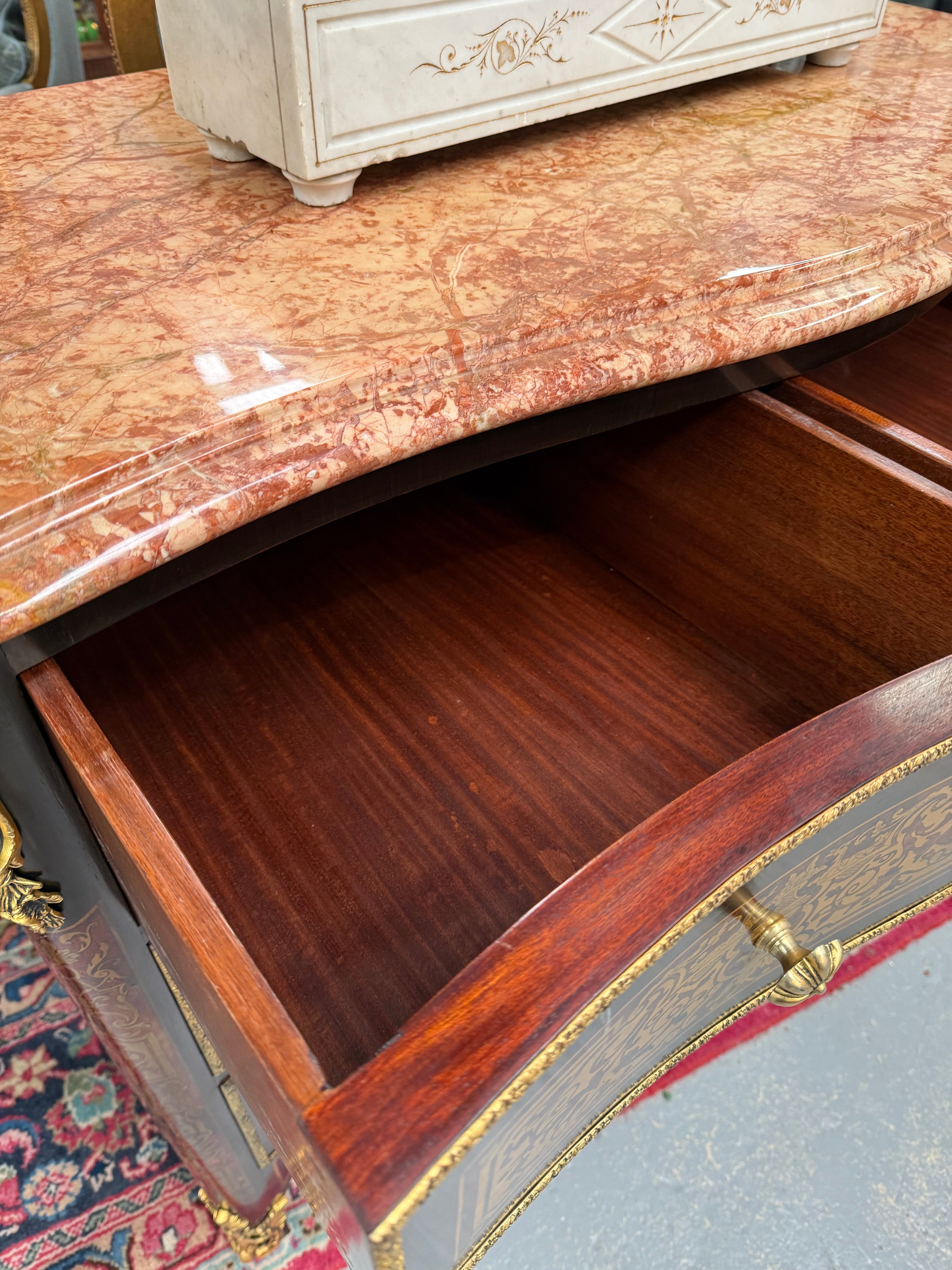 Louis XVI Style Boulle Marble Top Commode in Ebony | Antique & Vintage | Moonee Ponds Antiques | Australia Wide Delivery