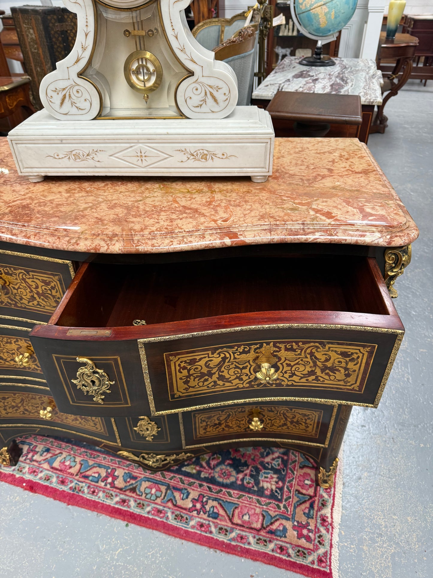Louis XVI Style Boulle Marble Top Commode in Ebony