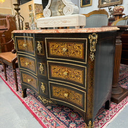 Louis XVI Style Boulle Marble Top Commode in Ebony