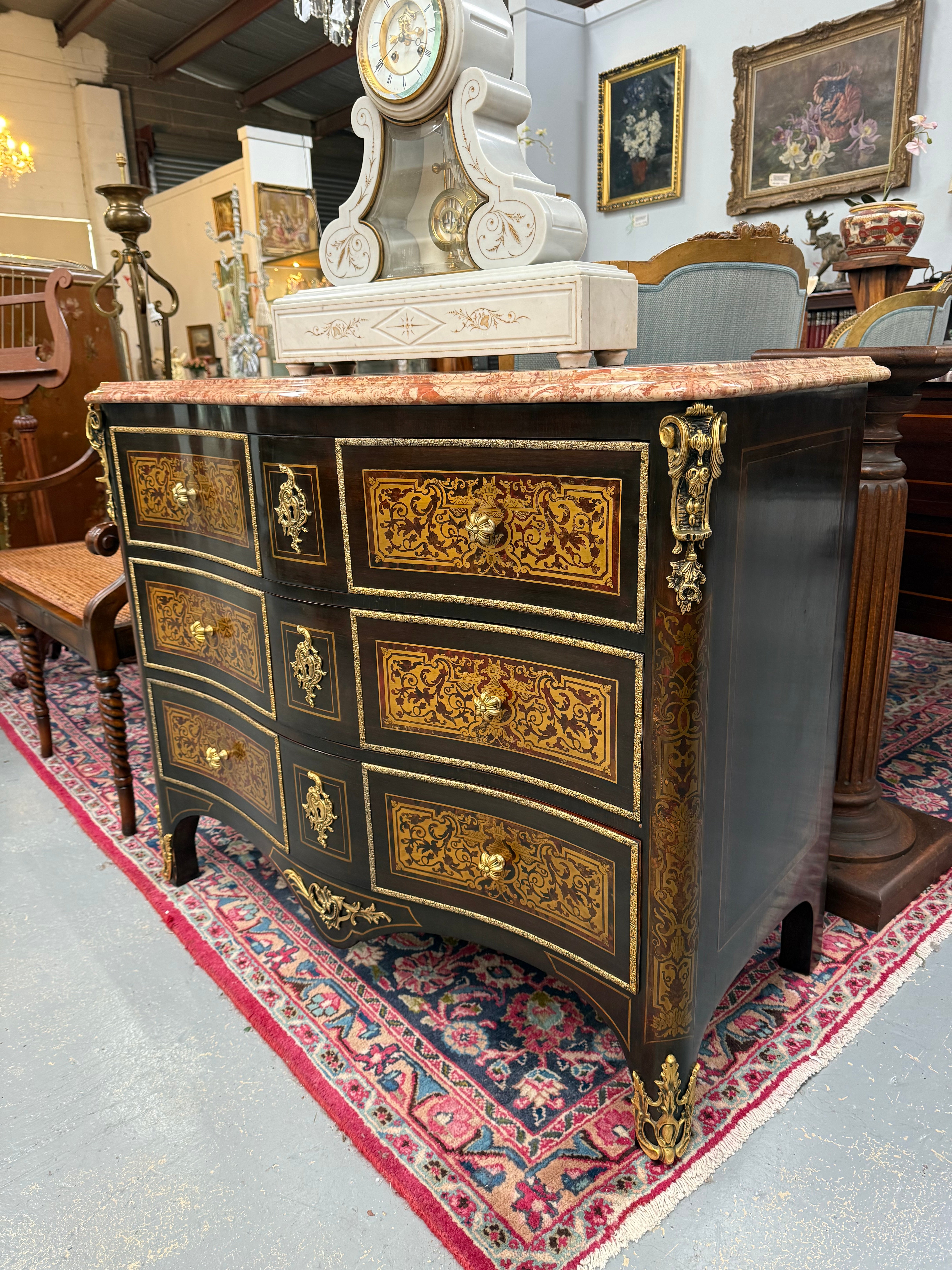 Louis XVI Style Boulle Marble Top Commode in Ebony | Antique & Vintage | Moonee Ponds Antiques | Australia Wide Delivery