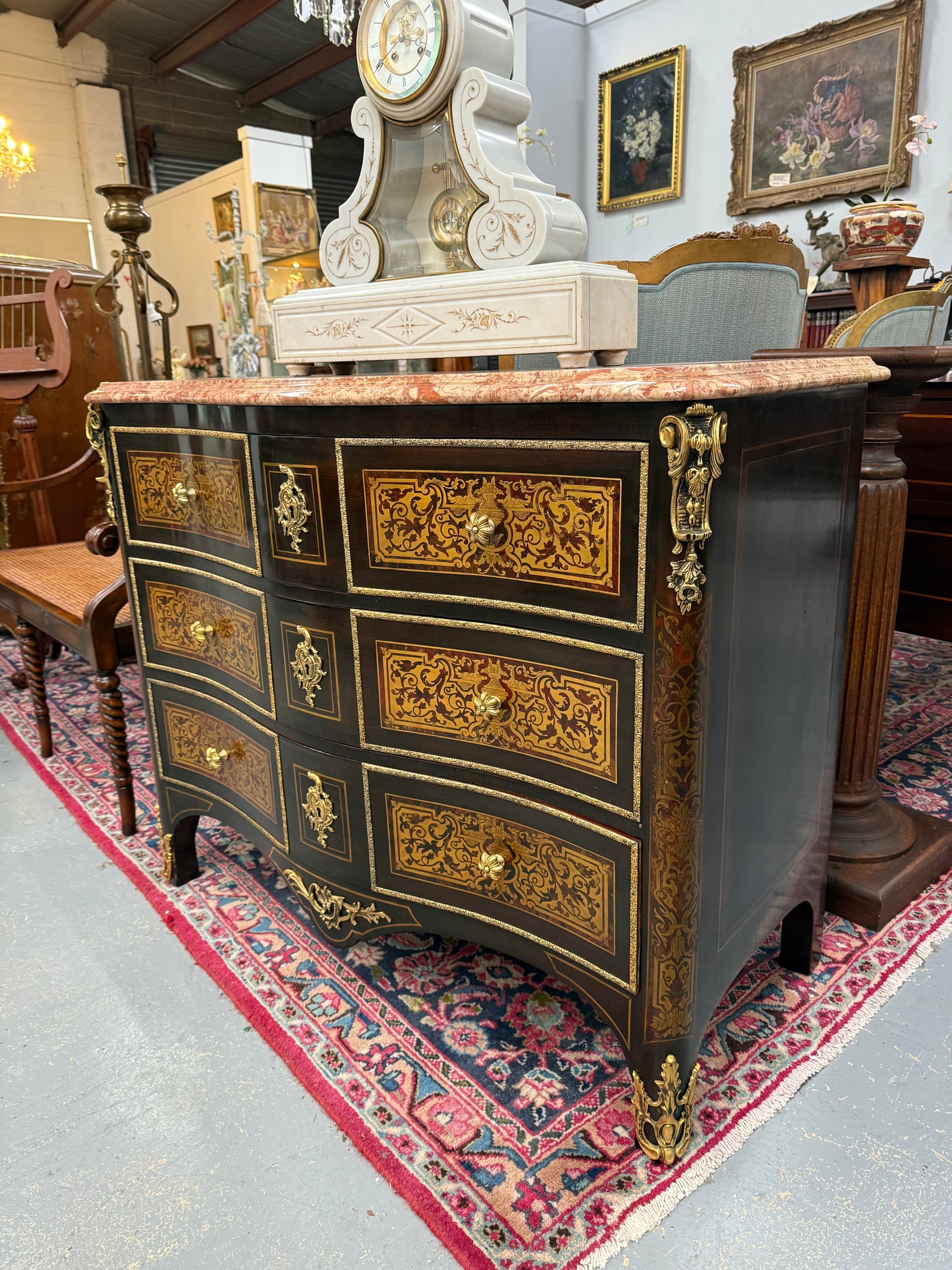 Louis XVI Style Boulle Marble Top Commode in Ebony