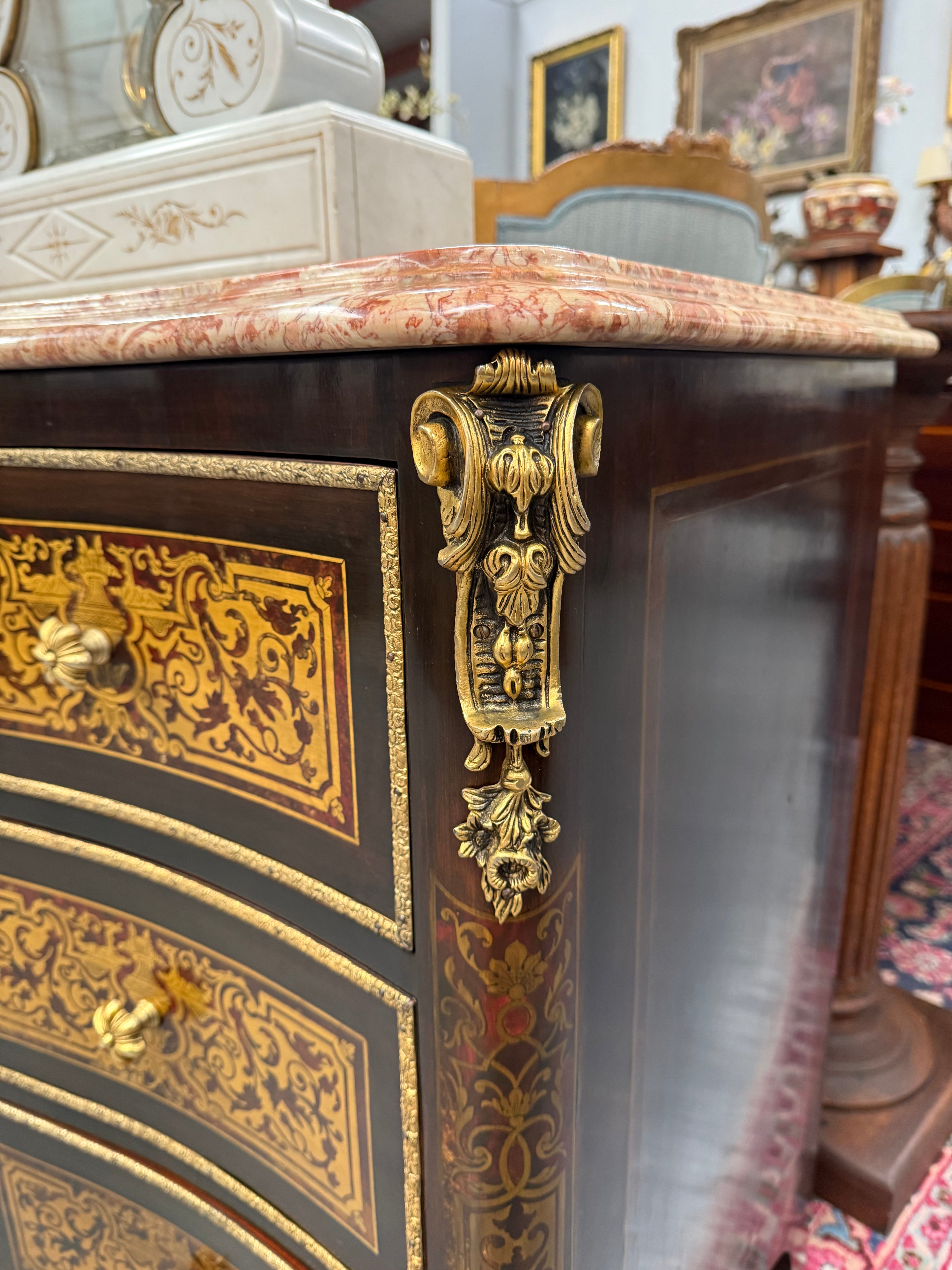 Louis XVI Style Boulle Marble Top Commode in Ebony | Antique & Vintage | Moonee Ponds Antiques | Australia Wide Delivery