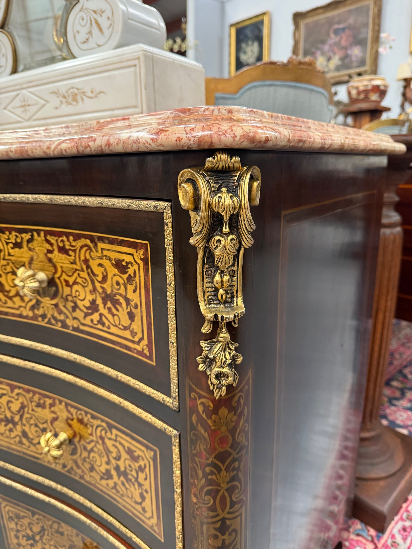 Louis XVI Style Boulle Marble Top Commode in Ebony