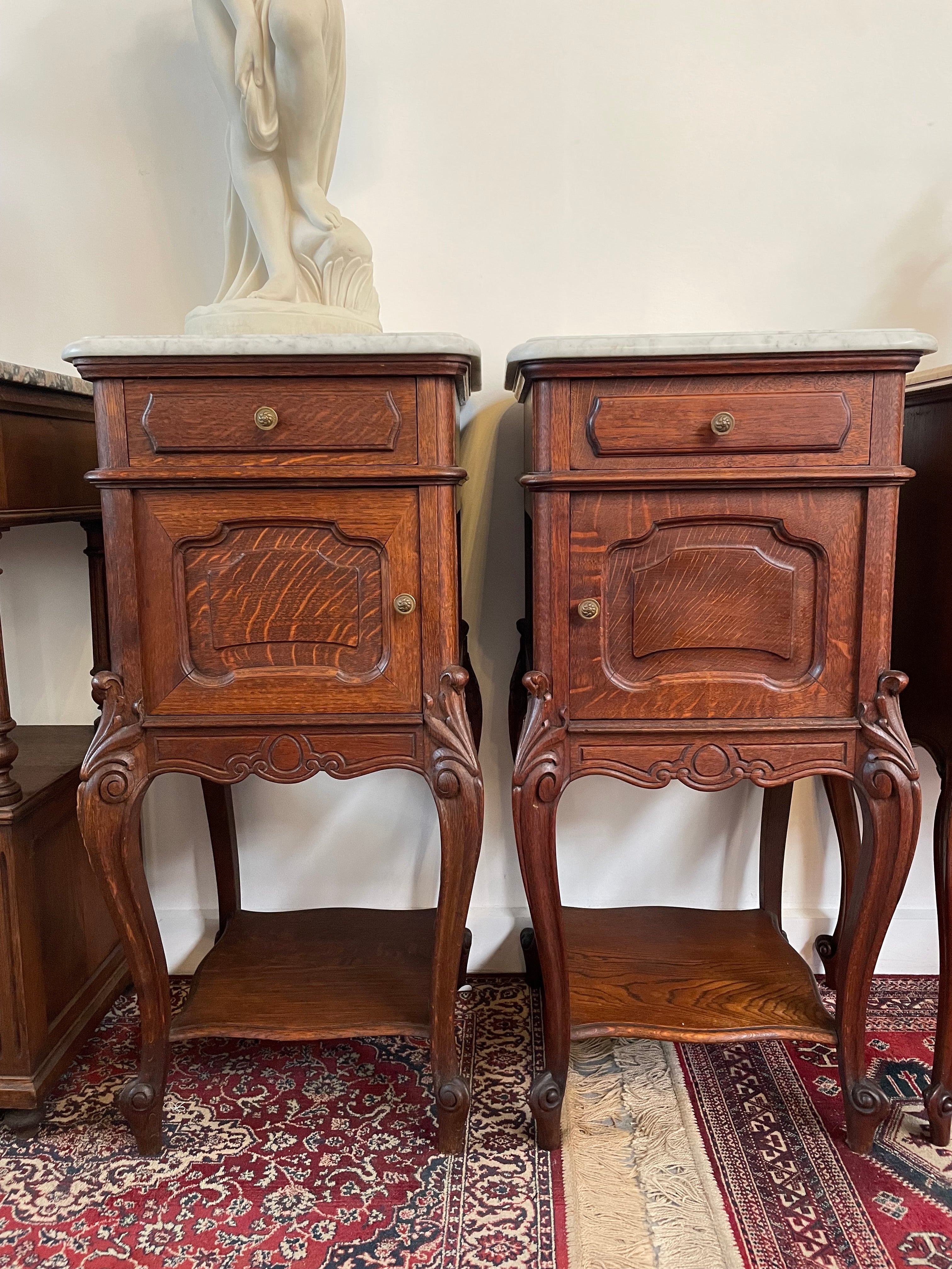 Pair of French Oak Louis 15th Style Marble Top Bedside Cabinets