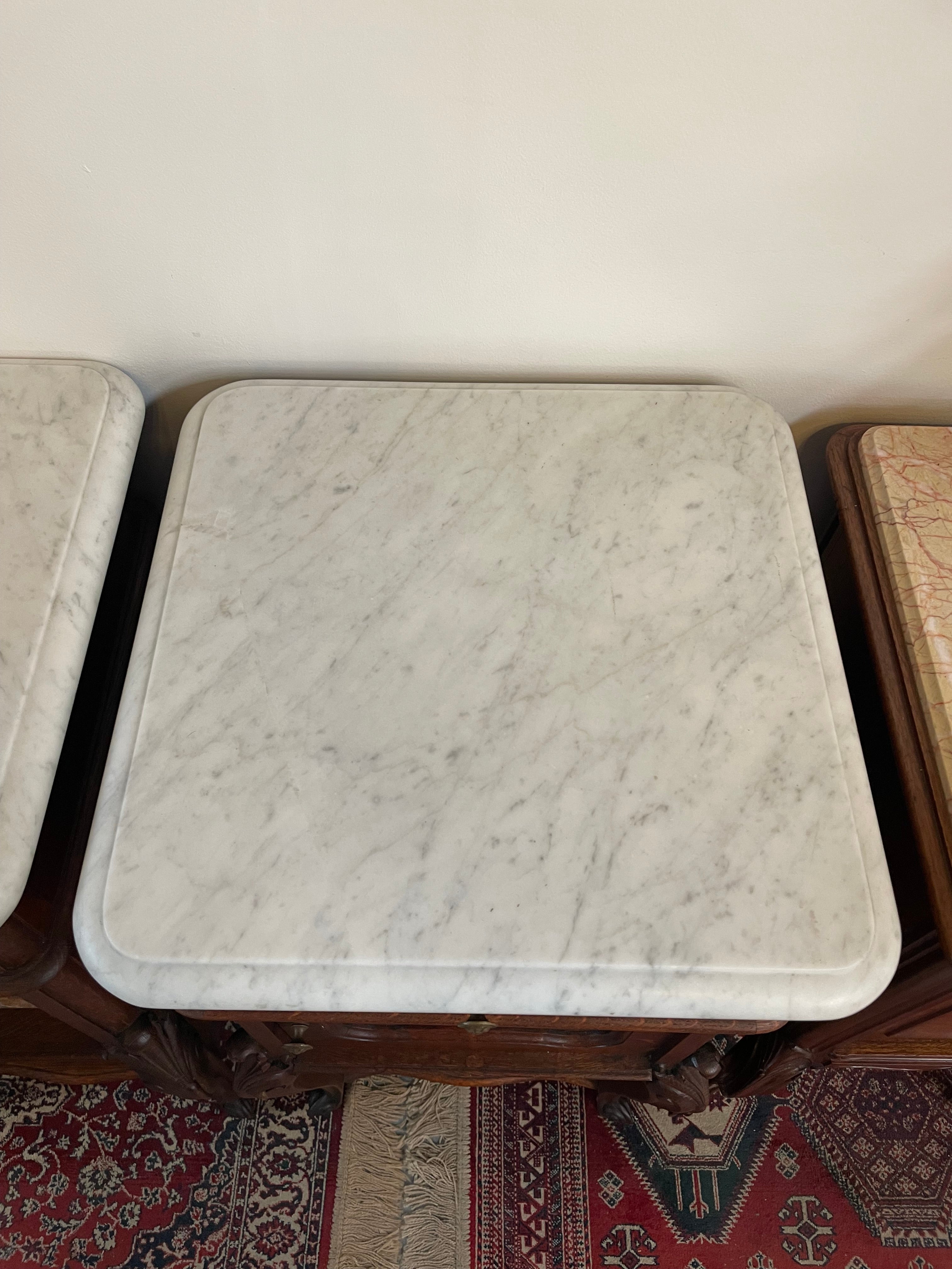 Pair of French Oak Louis 15th Style Marble Top Bedside Cabinets
