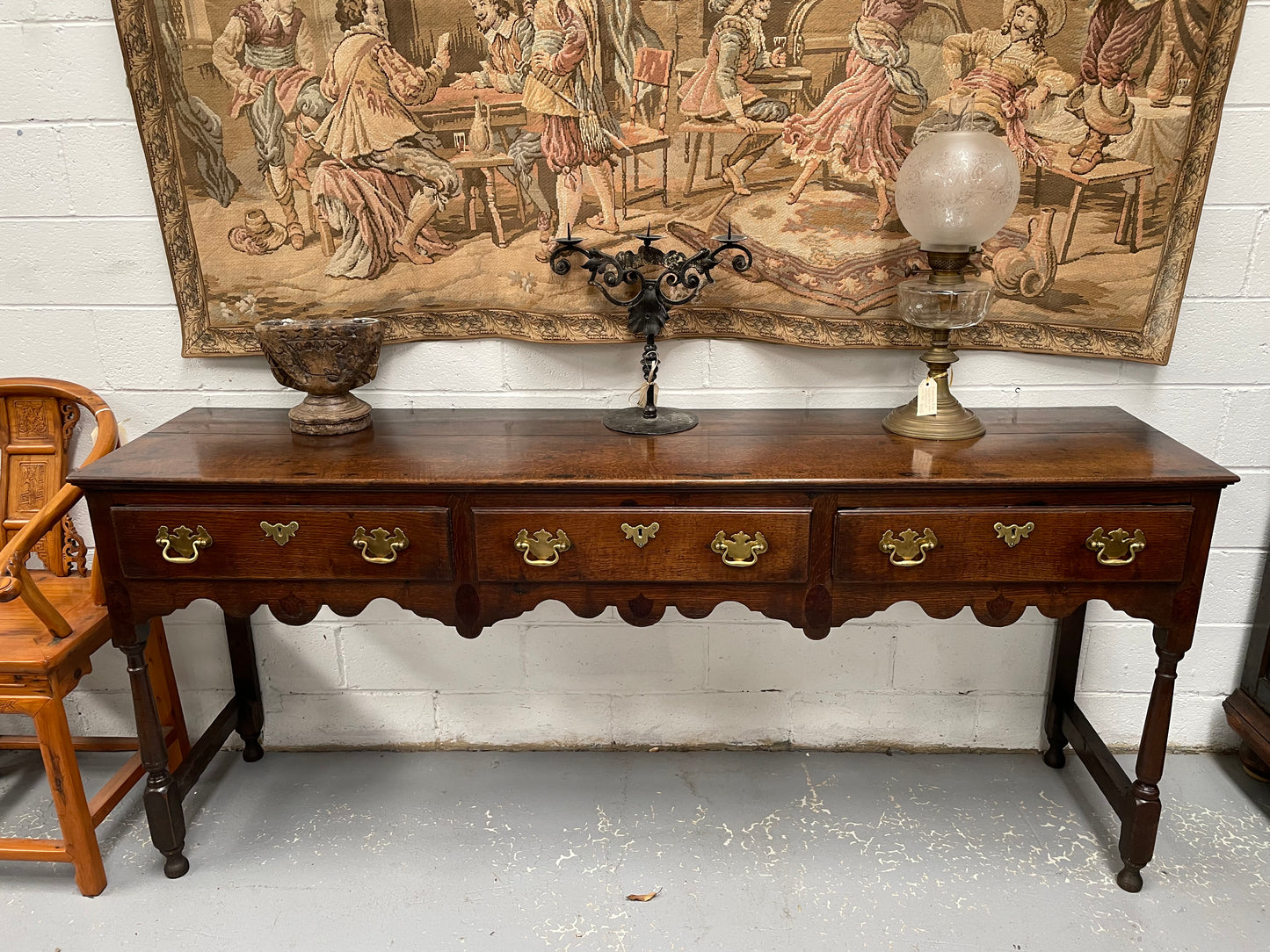 Antique Georgian Three Drawer Oak Dresser Base of Narrow Proportions