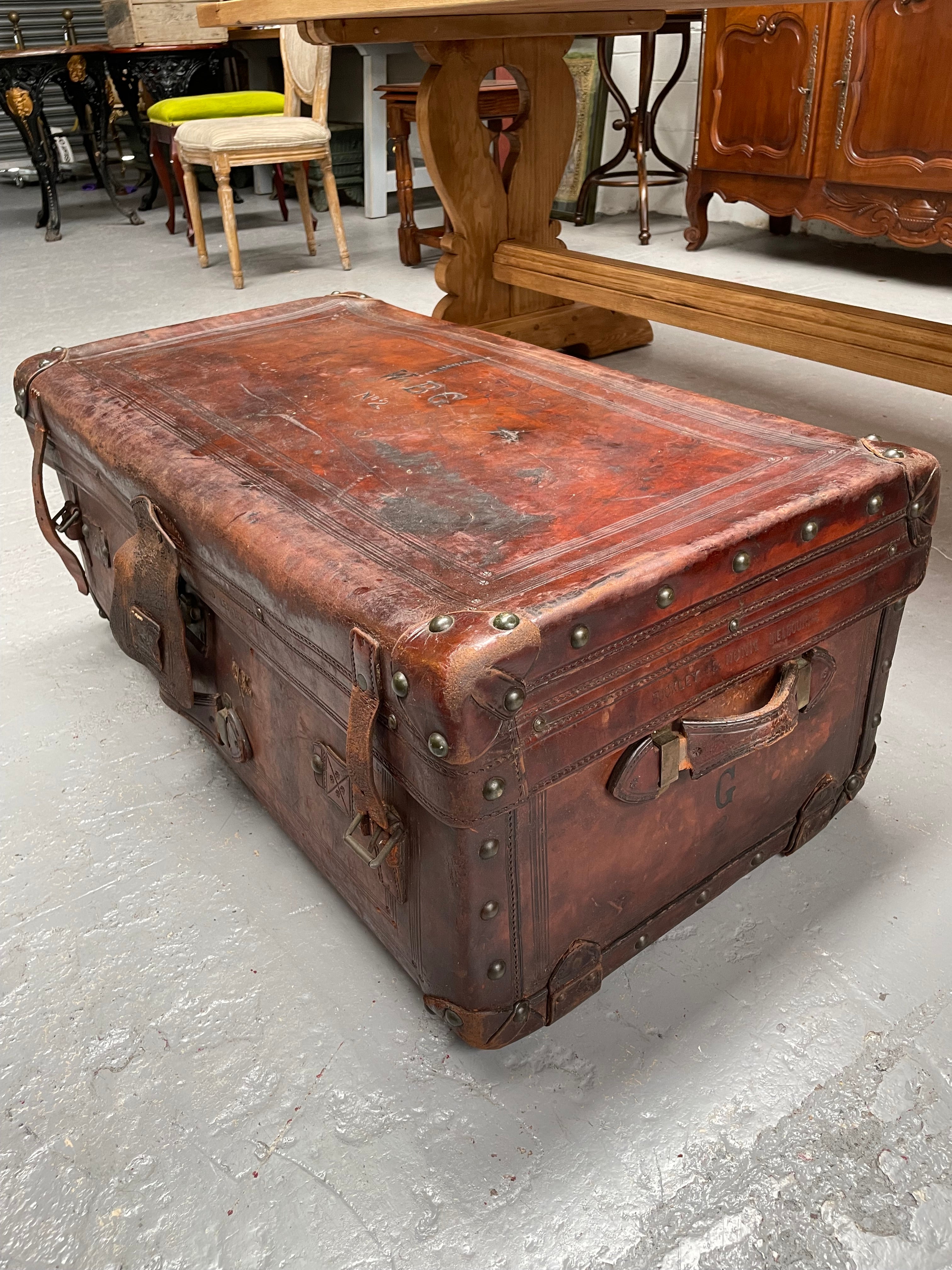 Impressive Victorian Leather Trunk Made for Buckley & Nunn Melbourne | Antique & Vintage | Moonee Ponds Antiques | Australia Wide Delivery