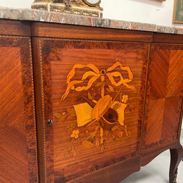 Antique late 19th century Transitional style marble top cabinet featuring beautiful marquetry inlay and decorative mounts. Made from French Walnut and Burr Walnut. In good original detailed condition. 