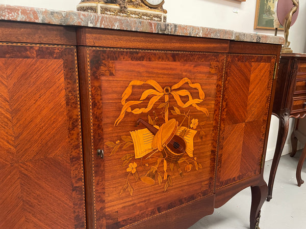 Antique late 19th century Transitional style marble top cabinet featuring beautiful marquetry inlay and decorative mounts. Made from French Walnut and Burr Walnut. In good original detailed condition. 