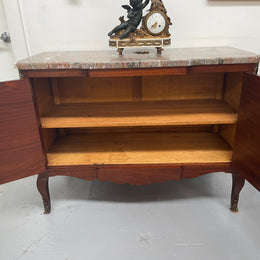 Antique late 19th century Transitional style marble top cabinet featuring beautiful marquetry inlay and decorative mounts. In good original detailed condition. 