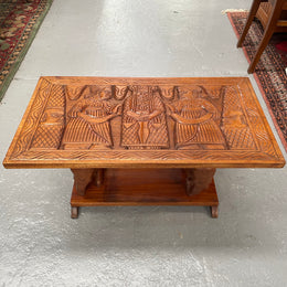 Vintage Hand Carved Teak Coffee Table Featuring Elephants