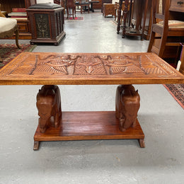 Vintage Hand Carved Teak Coffee Table Featuring Elephants