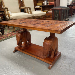Vintage Hand Carved Teak Coffee Table Featuring Elephants