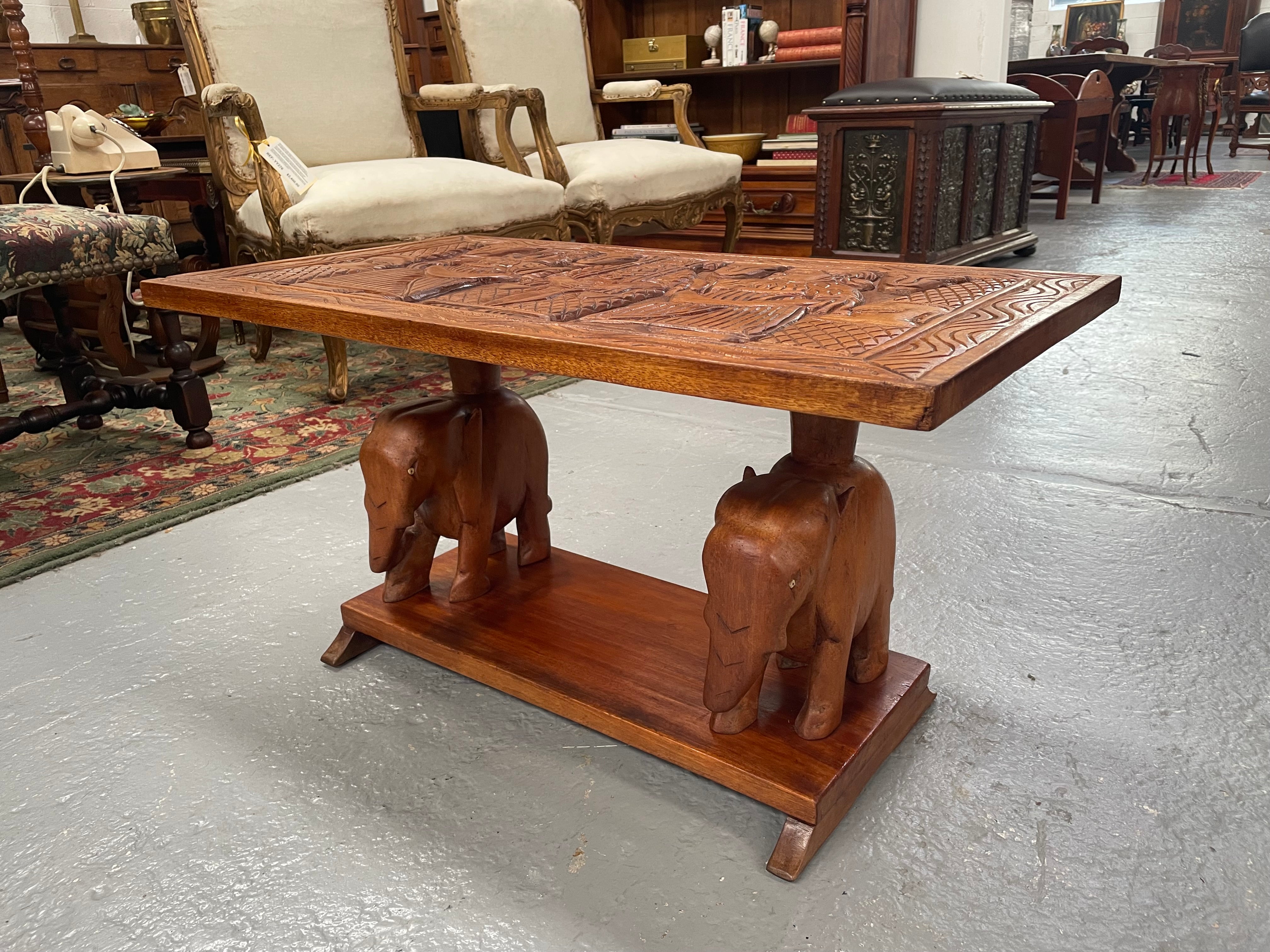 Vintage Hand Carved Teak Coffee Table Featuring Elephants | Antique & Vintage | Moonee Ponds Antiques | Australia Wide Delivery