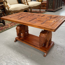 Vintage Hand Carved Teak Coffee Table Featuring Elephants
